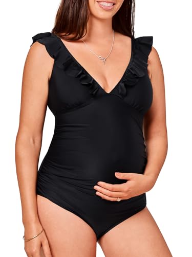 Summer Mae Maternity Swimsuit V-Neck One Piece Swimsuit Ruffled Lace Up Monokini Black XL Summer Mae Maternity Swimsuit V-Neck One Piece Swimsuit Ruffled Lace Up Monokini Black XL