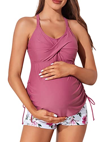MiYang Maternity Tankini Swimsuit Criss Cross Back Bathing Suit Ruched Tie Side Pregnancy Swimwear Two Piece Pink Flower Large MiYang Maternity Tankini Swimsuit Criss Cross Back Bathing Suit Ruched Tie Side Pregnancy Swimwear Two Piece Pink Flower Large