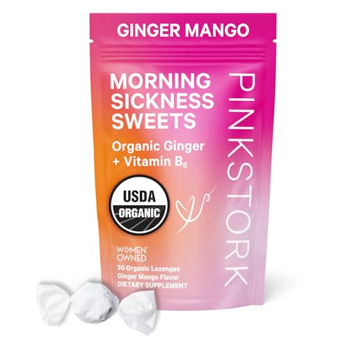 Pink Stork Morning Sickness Sweets, Organic Mango Ginger Candy with Vitamin B6 for Morning Sickness Support and Occasional Motion Sickness, Pregnancy Must Haves - 30 Wrapped Drops
