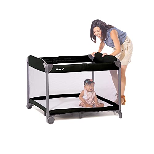 Joovy Room² Large Portable Playpen for Babies and Toddlers with Nearly 10 sq ft of Space, Large Mesh Windows for 360 View, and Waterproof Mattress Sheet - Folds Easily when Not in Use (Black) Joovy Room² Large Portable Playpen for Babies and Toddlers with Nearly 10 sq ft of Space, Large Mesh Windows for 360 View, and Waterproof Mattress Sheet - Folds Easily when Not in Use (Black)