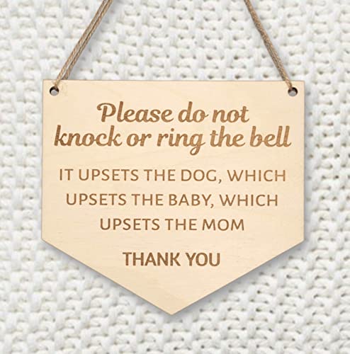 Baby sleeping sign for front door - Please do not knock or ring the bell, it upsets the dog, which upsets the baby, which upsets mom - Do not ring doorbell sign Size 6 x 5.5 (inches), Brown Baby sleeping sign for front door - Please do not knock or ring the bell, it upsets the dog, which upsets the baby, which upsets mom - Do not ring doorbell sign Size 6 x 5.5 (inches), Brown