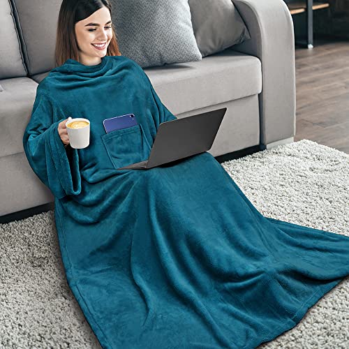 PAVILIA Wearable Blanket with Sleeves for Adults Women Men, Teal Blue Fleece Soft Warm Full Body Wrap Throw, Front Pocket, Cozy Robe Blanket with Arm, Gifts for Christmas, Mom Wife PAVILIA Wearable Blanket with Sleeves for Adults Women Men, Teal Blue Fleece Soft Warm Full Body Wrap Throw, Front Pocket, Cozy Robe Blanket with Arm, Gifts for Christmas, Mom Wife