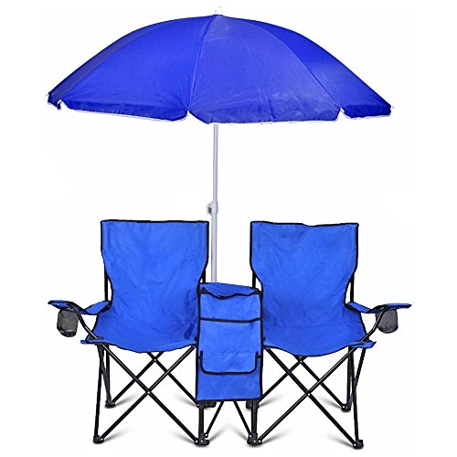 GoTeam Nylon Portable Double Folding Chair w/Removable Umbrella, Cooler Bag and Carry Case, For Beach,Camping - Blue GoTeam Nylon Portable Double Folding Chair w/Removable Umbrella, Cooler Bag and Carry Case, For Beach,Camping - Blue